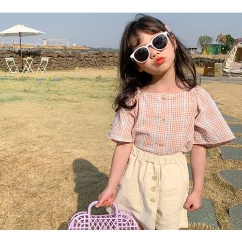Kids Clothes Toddler Girls Blouse 2021 Summer New Baby Korean Slash Neck Shirts Cotton Loose Plaid Shirts For Girls Child Tops