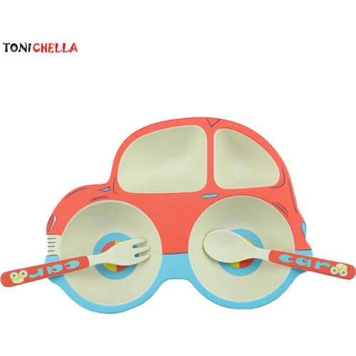 Baby Tableware Bamboo Fiber Infant Feeding Plate Dinnerware Set With Fork Spoon Cute Car Shape Bowl Dishes Food Container T0509
