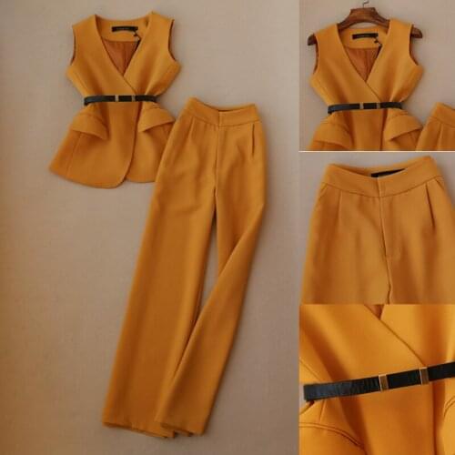 Elegant Office Lady Business Casual Belted V-neck Suit Vest + High Waist Wide Leg Pants Fashion Workwear Sets