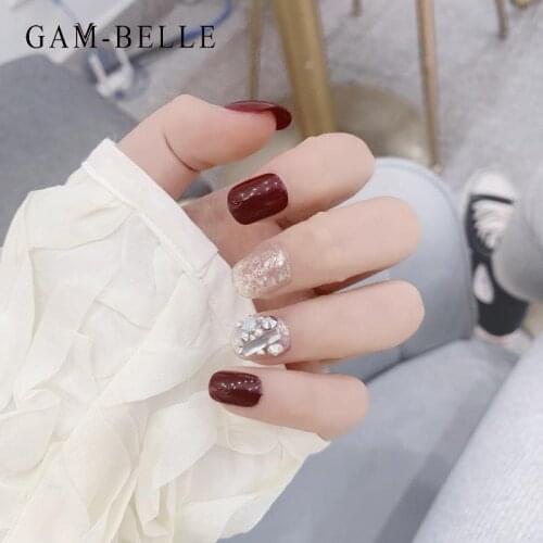 GAM-BELLE 24Pcs Glitter Red False Nails Wearable Round Head French Style Fake Nails Full Cover Press On Nail Tip Manicure Tool