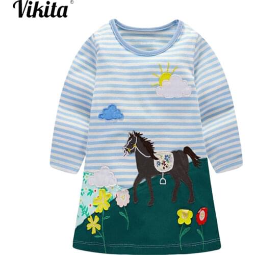 VIKITA Unicorn Girls Cotton Dresses Kids Princess School Casual Costumes Kids Autumn Clothes Girl Striped Dress Kids Clothing
