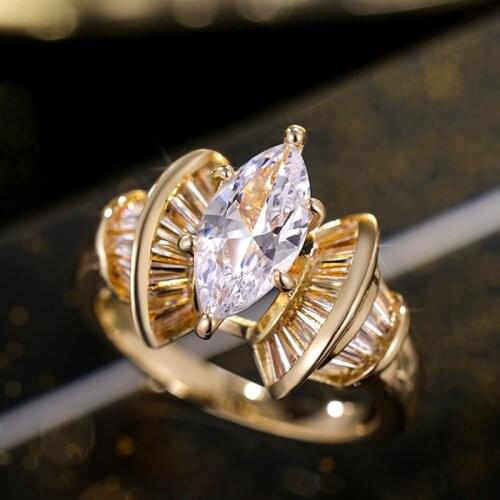 Huitan Gorgeous Gold Color Women Ring Marquise Cubic Zirconia Elegant Bridal Wedding Party Accessories Brilliant Fashion Jewelry