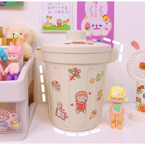 Ins Cute Desktop Trash Bin with Lid Kids Room Bedroom Living Room Table Tiny Trash Can Organizer Garbage Holder Send Sticers
