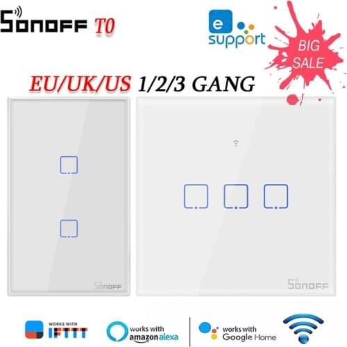 SONOFF T0 TX WiFi Smart Wall Switch EU/US/UK 1/2/3 Gang Remote Control Light Switch Via Ewelink APP Work With Alexa Google Home