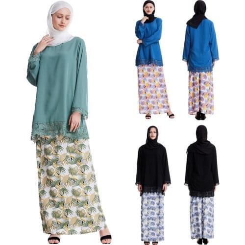 2 Pieces Muslim Women Loose Long Sleeve Tops+Long Print Skirt Set Abaya Dubai Clothes Islamic Costume Sets Middle East Arab Suit