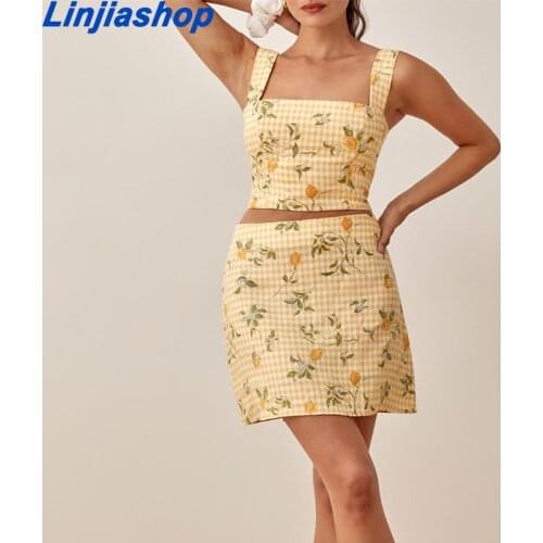 Summer Spaghetti Straps Fashion Back Elastic Zipper Women Camis Vintage Yellow Tartan Floral Print Tank Top