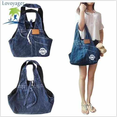 Fashion Pet Dog Cat Carrier Bag Single Shoulder Bag Blue Denim Jean Small Dog Travel Bag Sling Backpack
