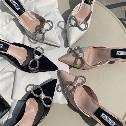 Rhinestone Bowknot Womens Mules Shoes Women Designer Slides Slip On Woman Slippers Crystal High Heels Pink Mules