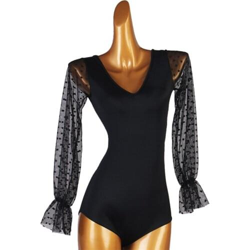 New Modern Dance Competition Clothes Professional Latin Dance Lace Sleeve Practice Jumpsuit Rumba Tango Samba Dance Tops DQL5230