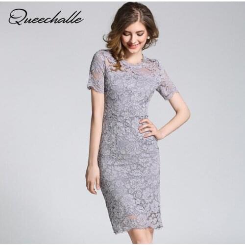 Queechalle Gray Black Red White elegant lace dress Summer Womens hollow out short sleeve bodycon dress party evening vestidos