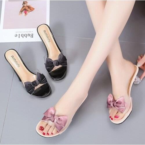 Spring and summer womens shoes Korean fashion bow slippers Open-toe flat transparent thick heel sandals PU upper black beach