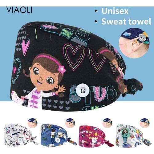 High Quality cartoon print sweat-absorbent Scrub hat Beautician cute hat spa lab men and women adjustable Scrub caps wholesale