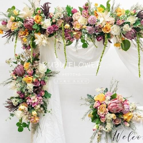 Custom wedding props arch backdrop party event decor artificial flower row silk outdoor lawn fake corner flower arrangement