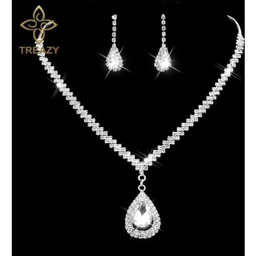 TREAZY Diamante Crystal Rhinestone Bridal Jewelry Sets Silver Color Waterdrop Necklace Earrings Wedding Jewelry Sets Accessories