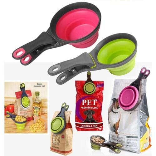 Folded Dog Cat Feeders Bowl Food Scoop Spoon Sealing Clipper Food Storage Collapsible Doggie Snack Cup Pet Cat Dog Supplies