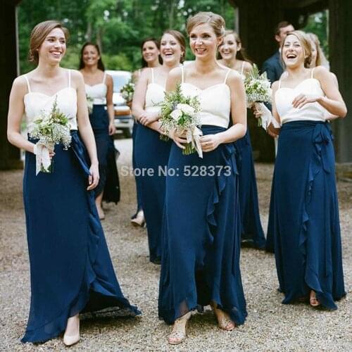 YNQNFS BD33 Custom Made New Elegant Chiffon Asymmetric Ruffles Skirt White/Navy Blue Bridesmaid Dresses