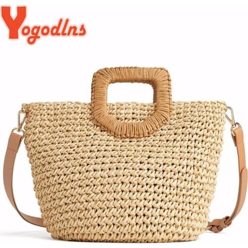 Yogodlns Casual Straw Handbag Women Handmade Woven Shoulder Bag Large Capacity Beach Rattan Bag Summer Vacation Handle Bag Bolsa