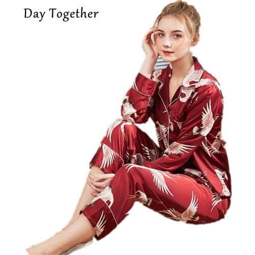 Women Satin Sleepwear Women Silk Pajama 2 Piece Sets Ladies Pyjamas Print Silk Home Clothing Homewear For Femme