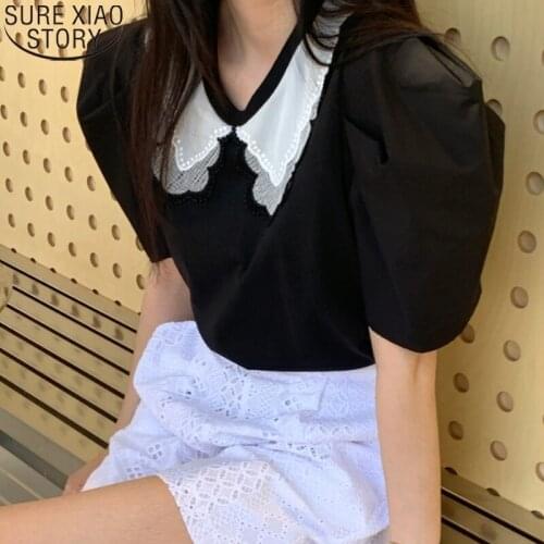 2021 Summer New Temperament Shirt Chic Puff Sleeve Blouse Sweet Women Tops Round Collar Stitching Shirts Blusas Clothes 14774