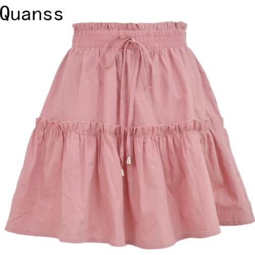 Quanss Lace-up High Waist Fashion Summer Short Skirt Women 2021 Streetwear Ruffles Solid Color Loose Black White Mini Skirts