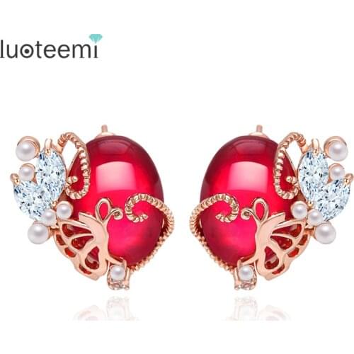 LUOTEEMI Rose Gold-Color Unique Garnet Rose Red&Royal Blue 3 Options Imitation Pearl CZ Stud Earrings for Women Vintage Jewelry