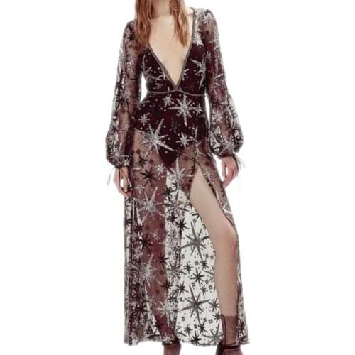 2021 New Women Summer Dress Deep V-neck Long Sleeve Transparent Mesh Slit Long Dress Embroidery Stars Romper Dress Vestidos