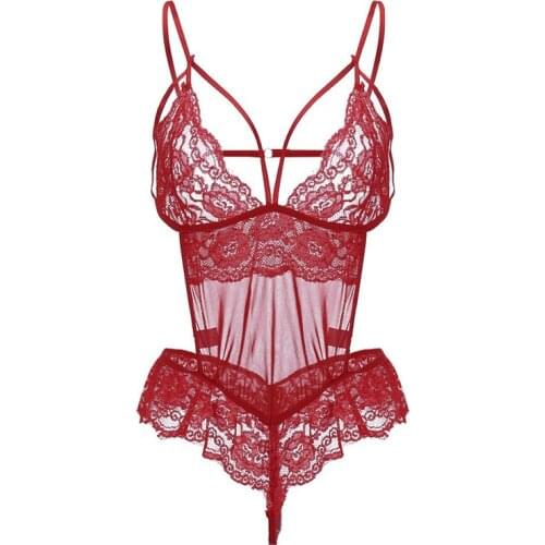 Women Hot Erotic Dress Sexy V-neck Underwear Transparent Lace Mesh Sheer Lenceria Sex Babydoll Costumes Bodysuits