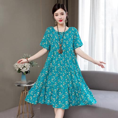 Loose Dress Women Vintage Floral Print Korean Mid-Calf Bohemian Beach Dresses Summer O-Neck Womens Casual Sundress