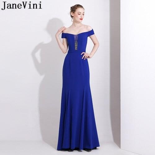 JaneVini Off Shoulder Royal Blue Evening Dress Long Party Dress Beaded Crystal Mermaid Prom Formal Gowns dluga sukienka 2019