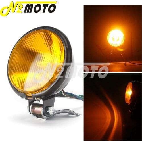 12V LED Motorcycle Amber Headlamp Front High/Low Beam Headlight W/Mount Bracket for Harley Touring Yamaha Suzuki Kawasaki Honda