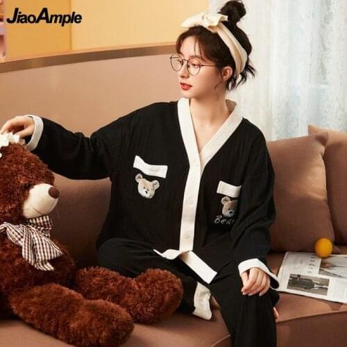 2021 Pajamas Women Spring Autumn Cotton Long-sleeved Trousers Pijamas Set Korean Casual Home Wear Female Plus Size Nightie Suit