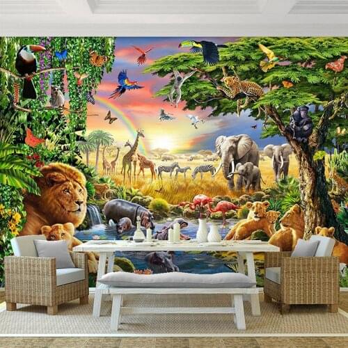 3D Wallpaper Rainbow Sky Green Forest Animal Elephant Lion Oil Painting Photo Mural Living Room Kids Room Mural Papel De Parede