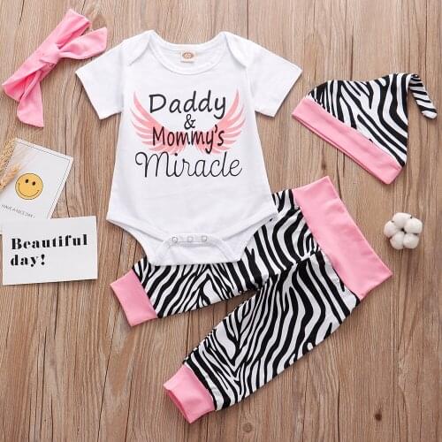 Baby girls 4PCS Sets Newborn girls clothes Daddy & Monmys Miracle Bodysuit+ Zebra Pants+Hat +Headband Infant Girls Outfit