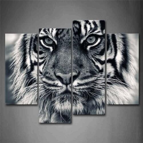 Black And White Ferocity Tiger With Eye Staring And Beard Wall Art Painting Pictures Print On Canvas For Home Modern Decoration