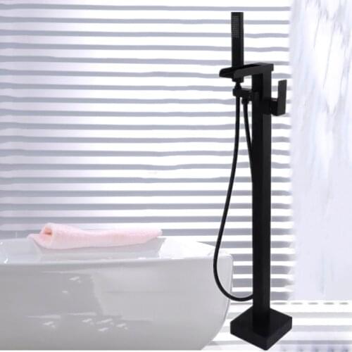 Black Luxury Stand Floor Mounted Bathtub Faucet Bathroom Brass Bath Mixer Water Tapware Square Design Double Handle Shower