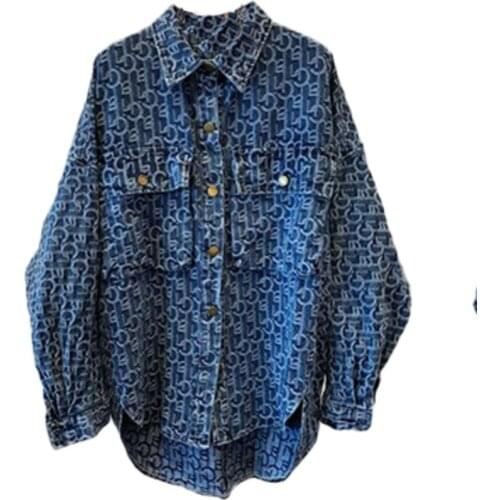 Spring Autumn Ladies Jacket Vogue Print Denim Jacket Pocket Lapel Sequined Jeans Jacket Autumn Ladies Loose Harajuku Jacket