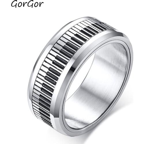 GorGor Trendy Classic Stainless Steel Black and White Piano Key Rotatable Rings for Literary Temperament Men Jewelry Gift R-409