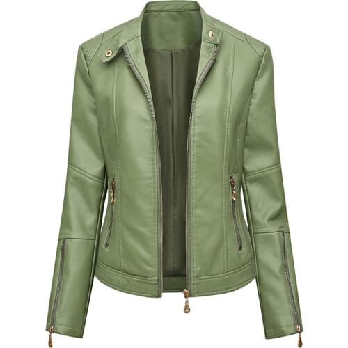 HENCHIRY Ladies Leather Jacket Coat Zipper Thin Waist Type Spring and Autumn Black Beige Grass Green Red