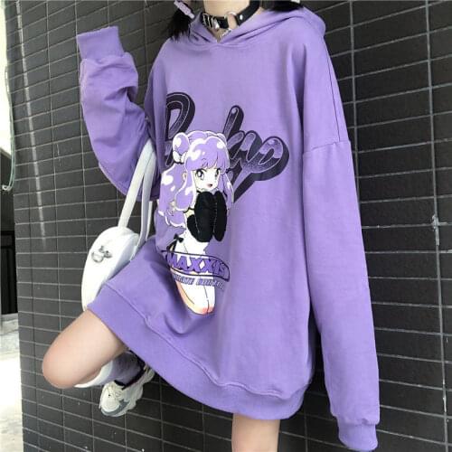 HOUZHOU Harajuku Anime Hoodie Kawaii Autumn Fashion Japanese Style E Girl Oversize Purple Pullovers Black Casual Hooded Women