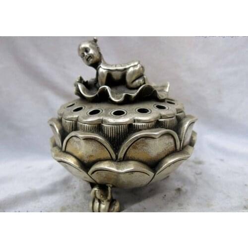 China silver carved finely frog lotus flower boy censer incense burner Statue