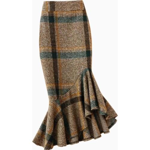 Plaid Autumn Winter High Waist Retro woolen trumpet skirt women Bag-HipMermaid Skirt Women Office Wear