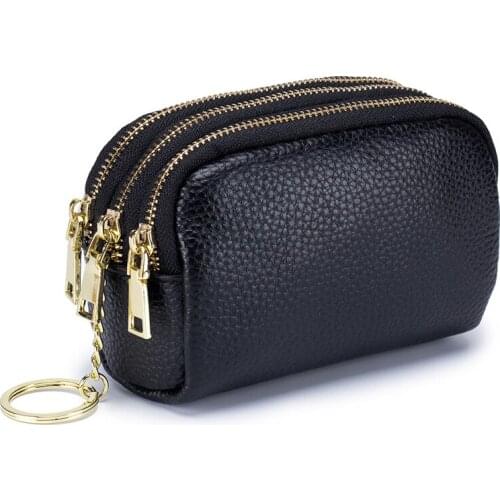 Wallet Women Genuine Leather Zipper Multifunction Coin Purses Female Solid Color Lychee Pattern Keychain Card Holder Clutch Bag