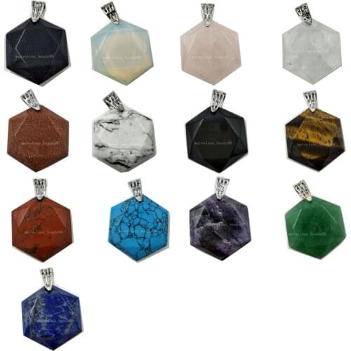 Lapis Lazuli Tigers Eye Aventurine Crystal Blue Sand Howlite Opal Goldstone Jaspe Art Hexagon Women Men Pendant Bead CWB530a