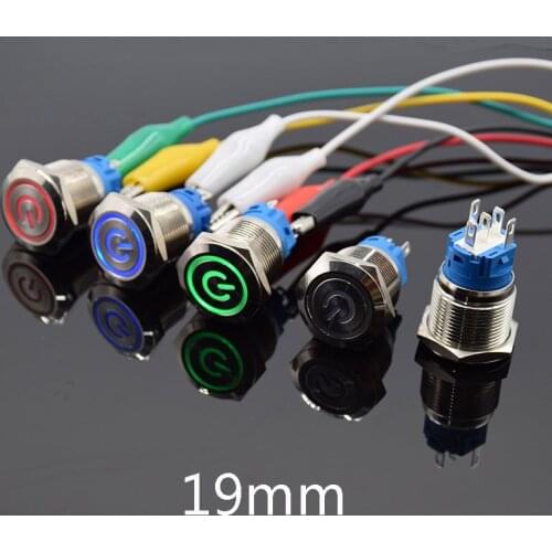 19mm Metal Power mark brass Push Button Switch flat round illumination self Locking Latching 1NO 1NC Car button 5/12/24/110/220V