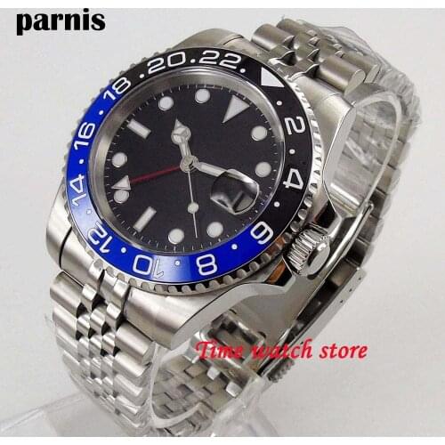 40mm parnis mechanical watch men waterproof GMT sapphire black dial bezel stainlless steel Bracelet luminous Auto wrist 1250