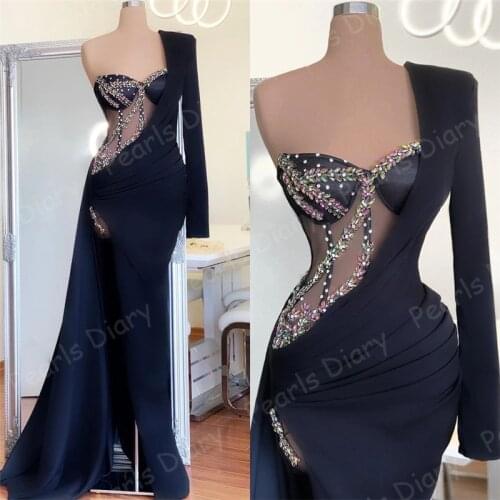 Charming Black Beading Evening Dresses 2021 Turkish Dubai Illusion Formal Prom Dress Vestido De Festa Celebrity Party Gowns