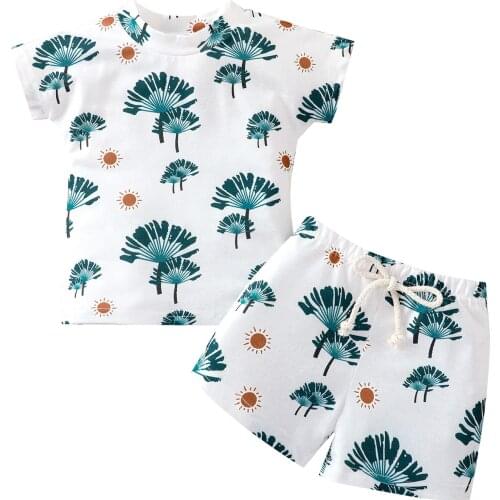 OPPERIAYA Newborn Baby 2Pcs Summer Cotton Clothes Short Sleeve Sun Leaf Print Round Neck T-Shirt Drawstring Shorts Casual Set