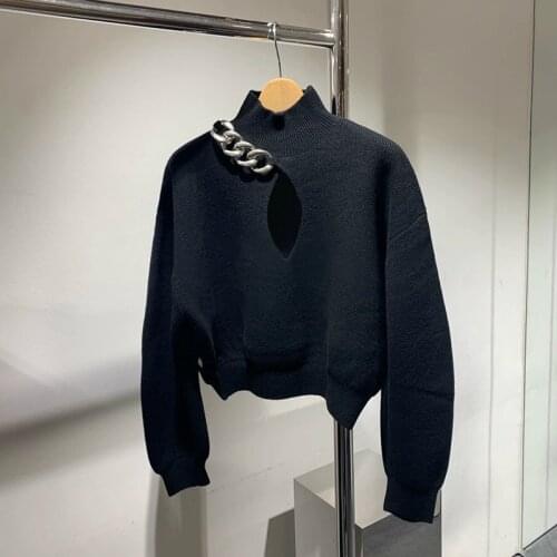 Autumn black woman pullover luxury brand new chain long sleeve puff sleeve fashion knitted top