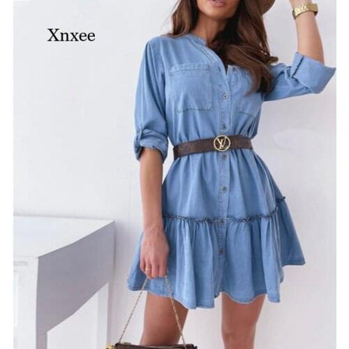Turn-Down Collar Denim Mini Dresses Spring Autumn Lace Up A-Line Dress for Women Fashion Elegant Button Party Sexy Ladies Dress