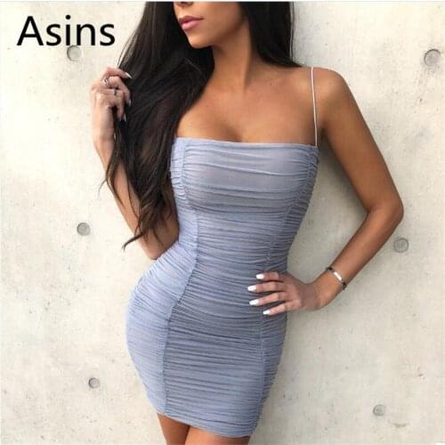 Asins dress women 2019 spring new casual fashion sling strapless stretch high waist salsh neck slim sling pleated bag hip dress